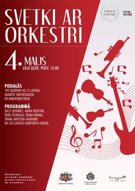 700 DALĪBNIEKI NO 23 LATVIJAS JAUNIEŠU SIMFONISKAJIEM UN KAMERORĶESTRIEM KOPĀ KONCERTĀ “SVĒTKI AR ORĶESTRI”